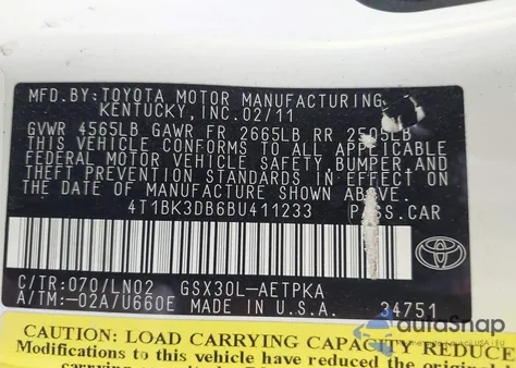 2011 Toyota Avalon Limited из США, поврежденный, VIN 4T1BK3DB6BU411233